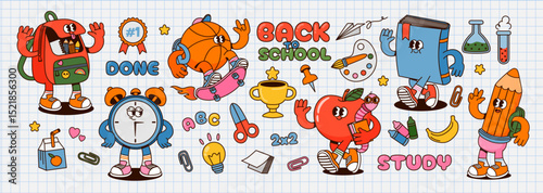 School characters. Retro cartoon education mascot. Funky basketball ball on skate, cute apple, smiling backpack, pencil, book and clock. Kids back to school elements. Vector set