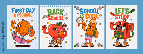 Back to school posters. Cards with educational characters. Retro funky mascot. Cool basketball ball, backpack, pencil, apple and bookworm on paper notes. Vector education concept