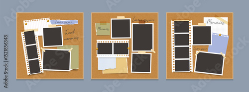 Photo frame. Empty blank frames collage. Picture mood board template. Multiple photo placeholder, notice, paper sheet, tape, text, sticker. Family memories vector concept