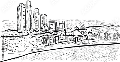Abu Dhabi skyline sketch, hand-drawn UAE cityscape with domes, modern towers, and cultural landmarks, artistic line art of Middle Eastern architecture