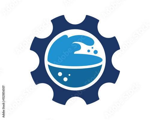 Modern graphic illustrating blue gear encircling stylized liquid with bubbles. Represents innovation, technology, and fluidity. Ideal for water, cleaning,  engineering concepts.
