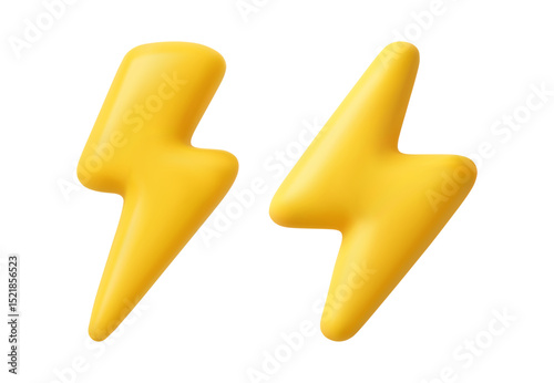 3D lightning. Yellow thunder bolt icon, electric charge symbol. Energy, danger and speed sign. Lightnings, light flash in cartoon soft render realistic style vector icons
