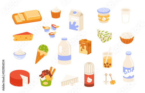 Dairy products. Fresh milk. Natural milk food. Kitchen organic milk bottles, cheese wedges, yogurt cups, cream, butter, ice cream scoops. Farm-fresh, natural ingredients vector set