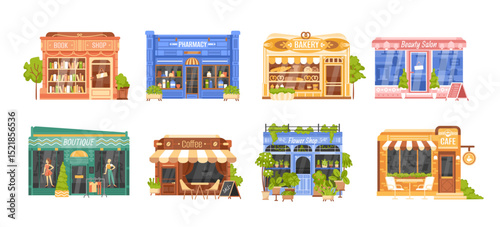 Cartoon store. Shops exteriors. Local shop building. Grocery, bakery cafe, boutique, florist bookshop, pharmacy, coffee beauty salon facade. Supermarket front vector collection