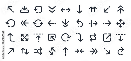Linear arrow. Line minimalist arrows. Outline elements for UX UI interface, infographics. Arrow icon, direction symbols, Right, left, up, down, circular, rotation arrows. Vector set