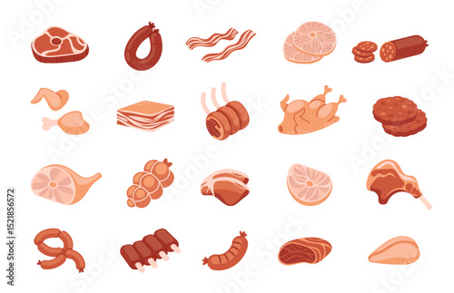 Cartoon meat. Kind meat products. Culinary, grocery raw pork, beef steaks, chicken, turkey, sausage, bacon, salami, ham, poultry, ribs. Barbecue cooking. Meat market vector set