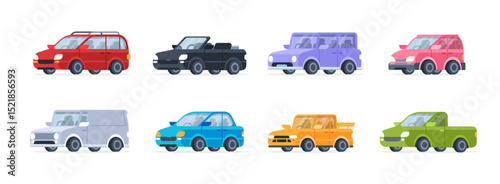 Cartoon cars. Passenger auto vehicles. Modern various transport, classic automobiles, compact hatchbacks, sedan, electric car, SUV, eco car. Car exterior. Car garage service. Vector set