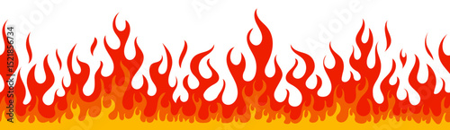 Seamless fire border. Cartoon flame frame pattern. Hot flaming trail, wildfire banner background. Orange burning fired borders seamless campfire. Flammable frames. Vector illustration