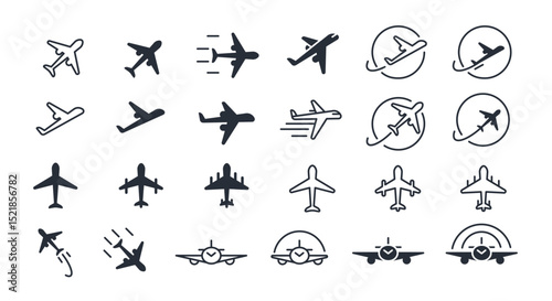 Plane icon. Airplane travel, aviation symbol. Travel, aviation, flight, logistics, tourism, air delivery service signs. Various silhouette planes flying logo. Transport icons vector set