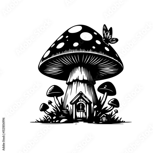 mushroom, nature, fungus, cartoon, illustration, red, toadstool, vector, food, isolated, grass, autumn, agaric, forest, plant, green, fly, white, poisonous, fungi, art, fairy, vegetable, summer, house