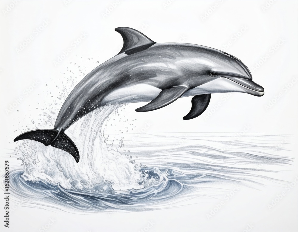 Fototapeta premium Charcoal illustration of a dolphin leap out of water