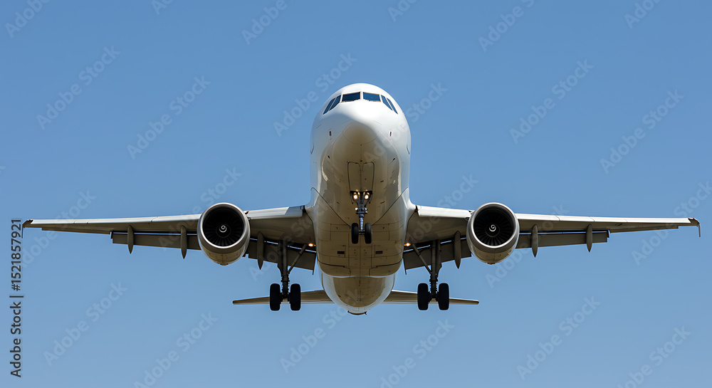 Obraz premium Airplane nose and fuselage in focus with landing gear extended, captured on a clear day with no logos — concept of transportation and engineering