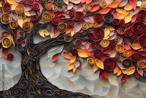Decorative paper tree with colorful rolled paper leaves
