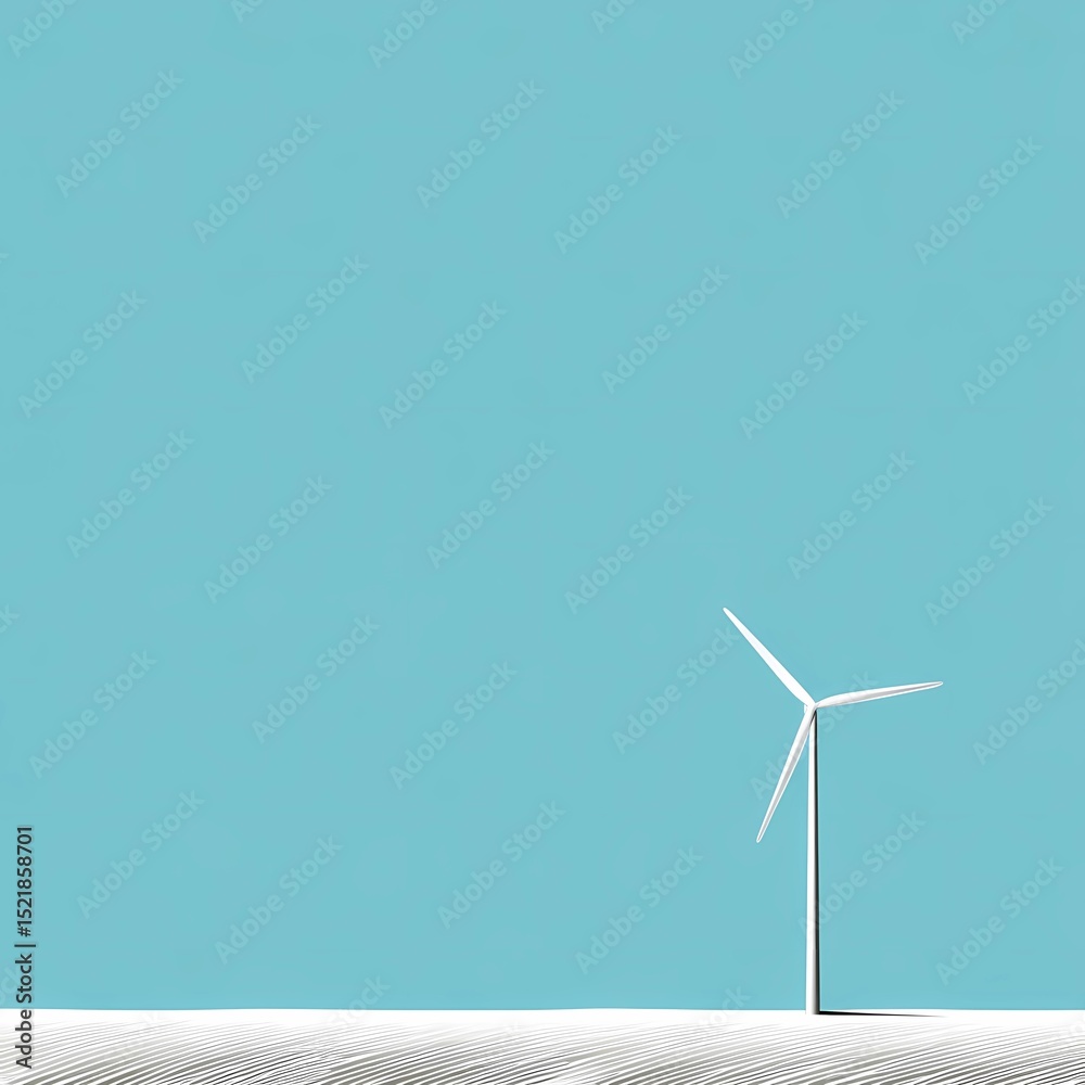 Fototapeta premium A clean minimalist illustration of a wind turbine standing on a stone surface, featuring simple geometric forms and ample negative space. This contemporary artwork combines renewable energy imagery