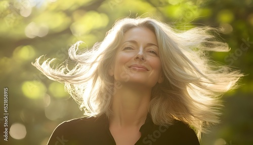 Smiling woman with flowing hair outdoors.