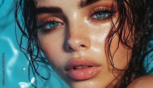 Close-up of a woman's face with wet, glistening hair.