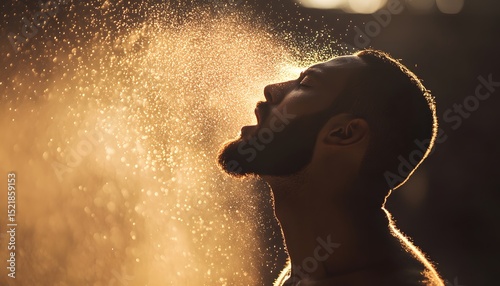 Man drinks in the golden spray.