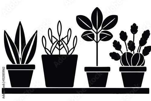 Silhouette pictogram icons of various plants in pots showcasing unique designs and growth stages .