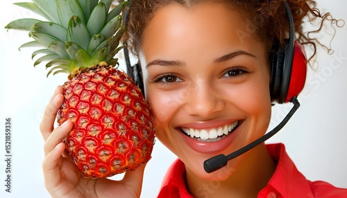 A woman with a headset and a pineapple.