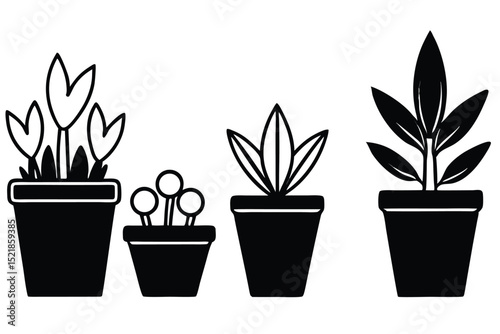 Silhouette pictogram icons of various plants in pots showcasing unique designs and growth stages .