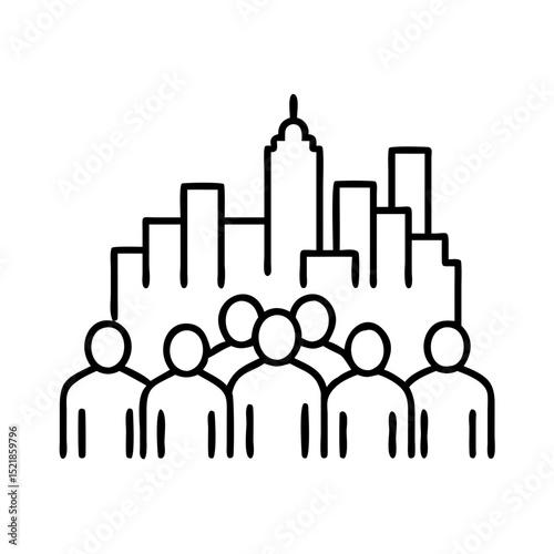 Crowd of people in city skyline vector, urban community concept, cityscape gathering illustration, line art