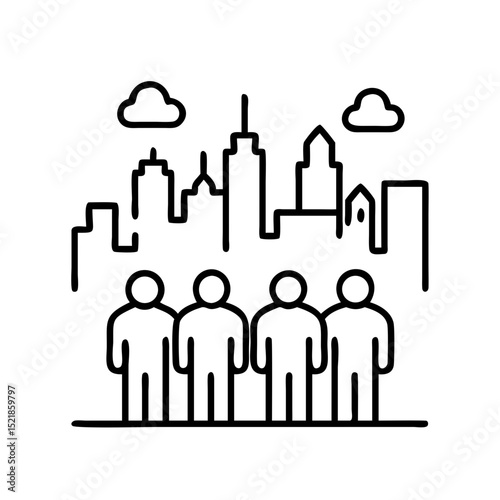 Cityscape skyline with group of people vector illustration, urban community and teamwork concept art