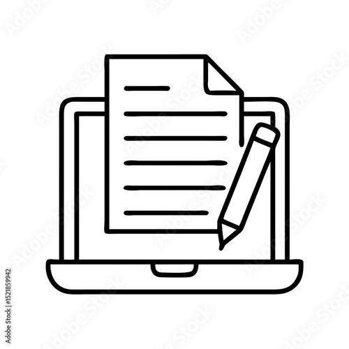 Online document editing on laptop with pencil vector icon for digital writing and content creation