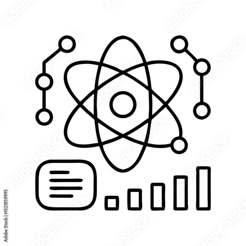 Data science and analytics icon with atom structure and bar graph for scientific research use, 95 chars