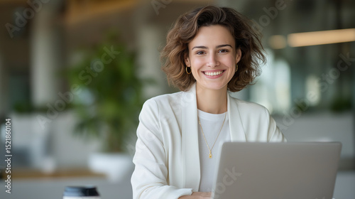Caucasian female entrepreneur working confidently in modern office photo