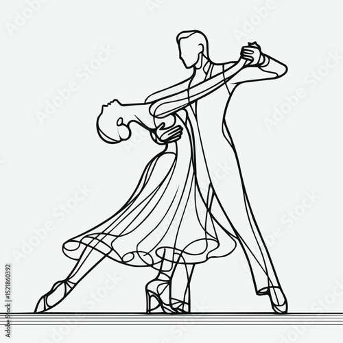Graceful dancers in elegant embrace performing a waltz in minimalistic line art style
