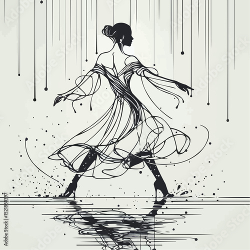 Elegant female dancer twirling gracefully in flowing dress amidst artistic line patterns