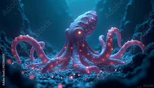 Glowing Octopus in Deep Ocean Cave