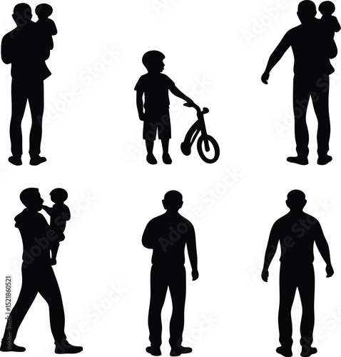 Silhouette set of fathers with children and bicycle
