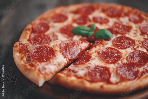 Delicious pepperoni pizza on rustic wooden table with fresh basil leaves creating a mouthwatering culinary delight perfect for food lovers and pizza enthusiasts seeking unbeatable flavor