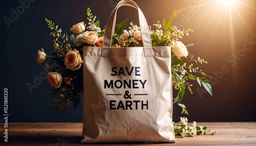 Eco friendly tote bag with the writing of   SAVE MONEY and EARTH. Generated Image photo