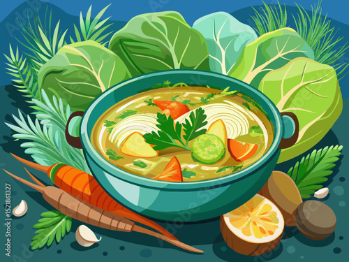 vector of Savoy cabbage soup with potatoes, leeks and carrots.