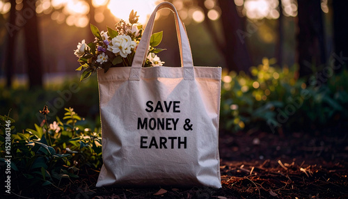 Eco friendly tote bag with the writing of   SAVE MONEY and EARTH. Generated Image photo