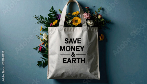 Eco friendly tote bag with the writing of   SAVE MONEY and EARTH. Generated Image photo