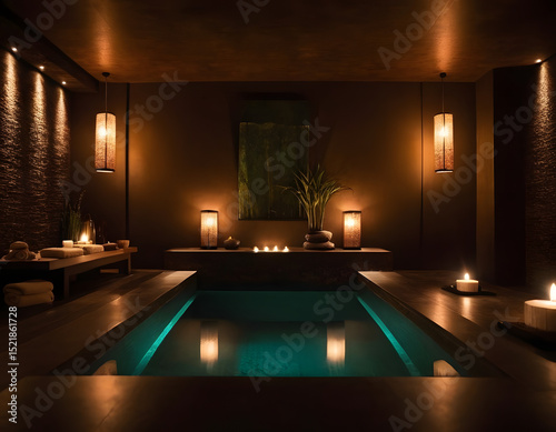 modern spa room, Moody picture of a zen-inspired spa scene with candles on a dark background