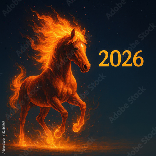 Fiery horse with blazing mane on a dark background, symbolizing the year 2026 in the Eastern zodiac. A dynamic image of energy, power, and the beginning of a new cycle.