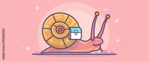 Adorable snail with a mailbox shell in soft pastel tones, clean isolated background, playful flat design.