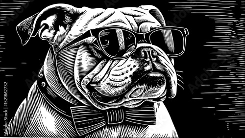 A black and white sketch vector of a bulldog wearing sunglasses and a bowtie