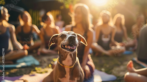 A smiling dog joins a group of women practicing yoga outdoors in warm sunlight. The playful scene captures harmony, inclusiveness, and the joy of pet-friendly fitness.