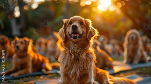 A cheerful golden retriever sits among a group of dogs on yoga mats in an outdoor setting during golden hour. The image expresses calmness, pet wellness, and community in nature.