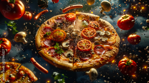 Delicious pizza flying mid-air with toppings floating around in a dynamic explosion. A vibrant food concept showcasing flavor, freshness, and culinary creativity.