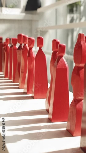 Row of uniform red wooden figures arranged indoors, casting shadows in sunlight on a white surface and shelf backdrop, simple sculptures.