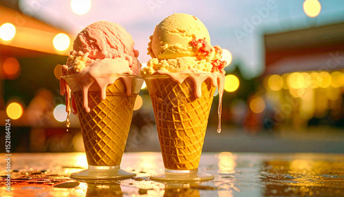 waffle cones, and the spilled ice cream, creating a atmosphere of playful, summer like.  Generated Image
