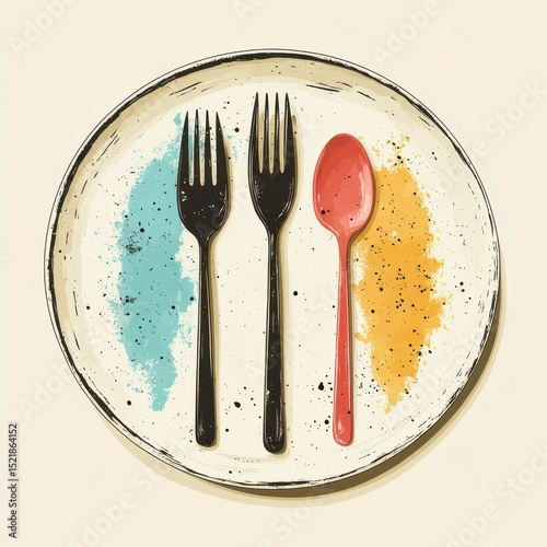 Attention to detail in dining setup featuring colorful cutlery on a decorative plate from a unique design perspective