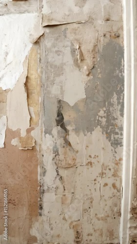 Interior plaster wall with layers of peeling paint and deteriorated surface texture in a dilapidated room corner, revealing an old building's history
