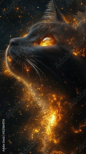 Mystical black cat surrounded by cosmic flames in a dreamy starry background